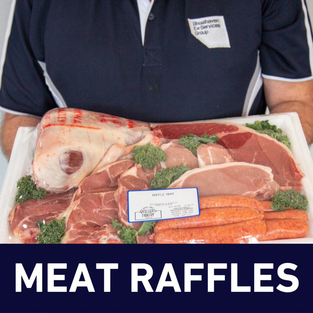 Man holding a meat tray with a range of steaks and sausages. With the caption "meat raffles."