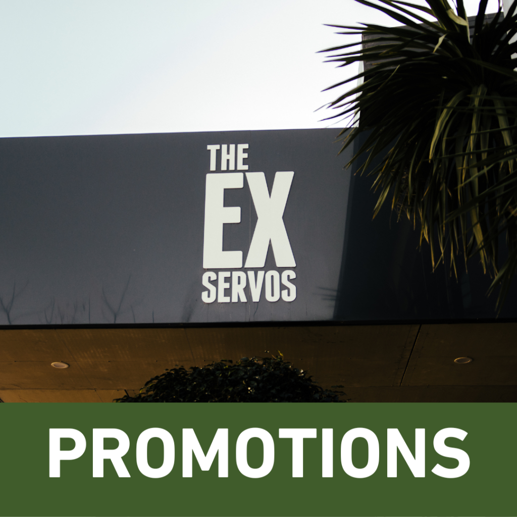The Ex Servos logo on the entrance of the venue. With the caption "promotions."